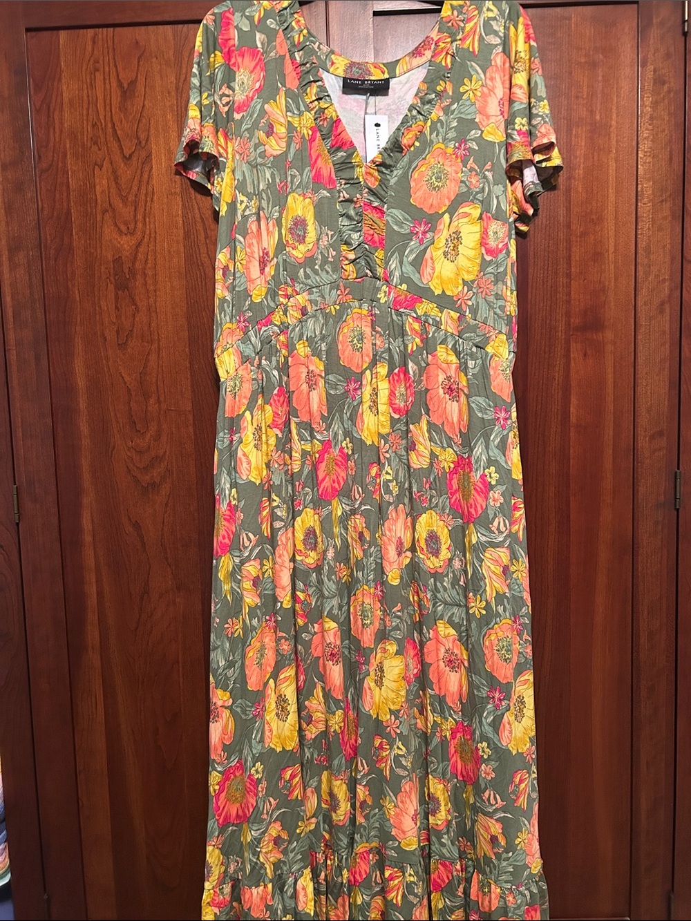 Lane Bryant Olive Maxi Dress with Yellow & Coral Floral Print